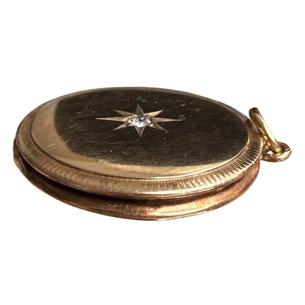Edwardian Solid 14K Gold Diamond Starburst Photo Locket Pendant Antique 4,2g - Picture 3 of 12